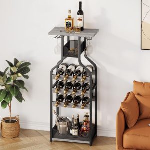 Wine Rack Wine Bottle Holders Stands, 16 Bottle Freestanding  |  Wine Racks Kitchen Storage Brown, Grey, White