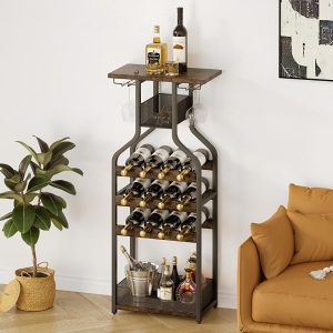 Wine Storage Organizer Display Rack Table for Bar – 10.6″D x 17.3″W x 44″H  |  Wine Racks Kitchen Storage Brown, Gold, Grey