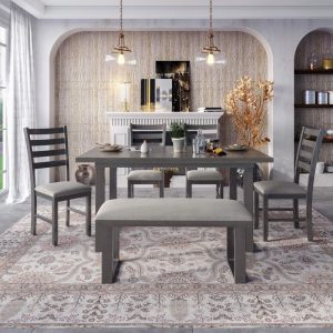 Wood Dining Room Set Rrectangle Table and 4 Chairs with Bench  |  Kitchen and Dining Sets Kitchen & Dining Sets Grey