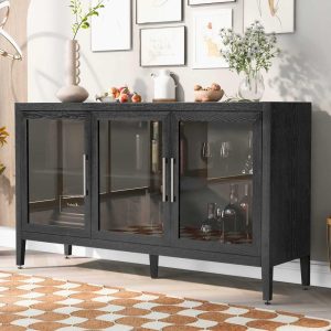 Wood Storage Cabinet with Three tempered glass doors and Adjustable Shelf – N/A  |  Pantry Cabinets Kitchen Furniture Black, Brown, Grey