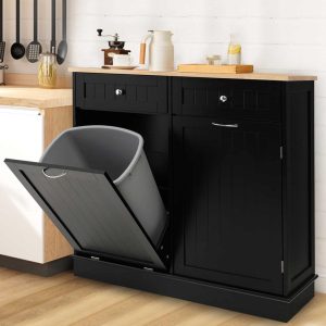 Wooden Kitchen Trash Cabinet Tilt Out Bin Holder w/ Storage Shelf  |  Buffets and Sideboards Buffets & Sideboards Black, Grey, White