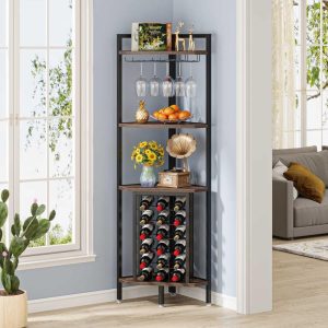 Yuzhou 4 Tier Corner Wine Shelves with Glass Holder and Storage Shelves, Freestanding Corner Bar  |  Wine Racks Kitchen Storage Brown