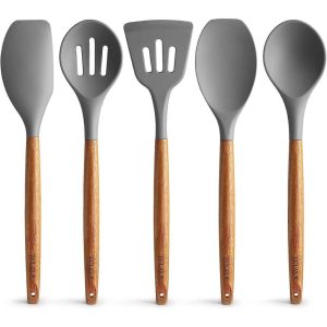 Zulay Kitchen Premium 5 Piece Silicone Acacia Handle Utensils Set  |  Kitchen Tools Kitchen Tools Grey