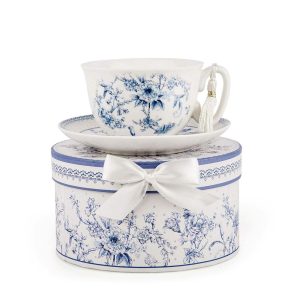 Elegant Blue Bone China Cup and Saucer Set in Gift Box – 8.45fl oz  |  Cups Cups Blue