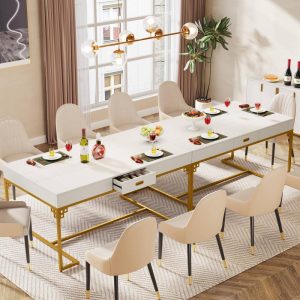 63″ Long Rectangular Dining Table for 4 to 6, Modern White and Gold Kitchen Table with 2 Drawers  |  Kitchen and Dining Tables Kitchen & Dining Tables Gold, White