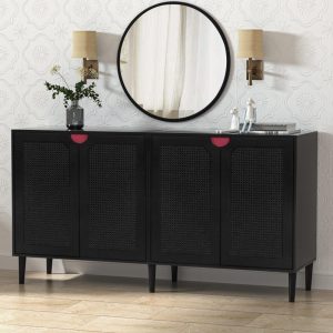 Black Mid-Century Four Door Rattan Sideboard Buffet Cabinet Large Kitchen Storage Cabinet with Adjustable Shelf  |  Buffets and Sideboards Buffets & Sideboards Black