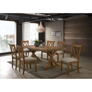 Enna Morden Farmhouse Wood 7-Piece Trestle Dining Set, Brushed Driftwood Finish  |  Kitchen and Dining Sets Kitchen & Dining Sets Brown