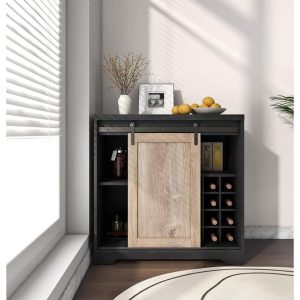 WESOME Coffee Bar Cabinet with Sliding Barn Door, Industrial Buffet Cabinet with Wine Storage  |  Home Bars Home Bars Grey