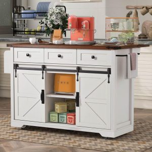 53.5”W Farmhouse Mobile Kitchen Island with Power Outlet, Drop Leaf – Rolling Kitchen Cart with Storage for Dining Room  |  Kitchen Carts Kitchen Carts Black, White