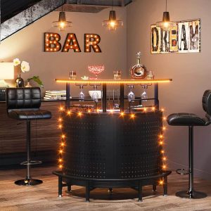 Smart Bar Unit with Led Lights 3-Tier Bar Table with Glass Holder  |  Home Bars Home Bars Black