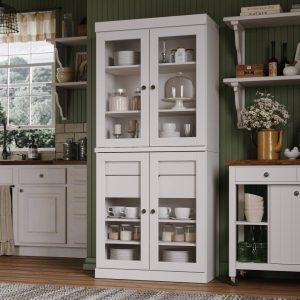 100% Solid Wood Kitchen Pantry Cabinet with Solid Wood, Clear or Frosted Glass Doors and 2-Drawer Organizer by   |  Pantry Cabinets Kitchen Furniture Black, Blue, Brown, Grey, White