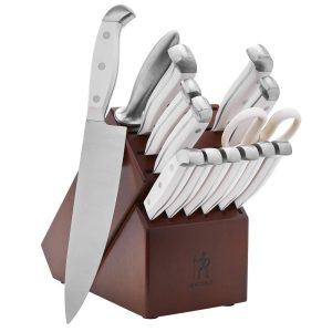 Statement -Sharp 15-Piece White Handle Knife Set with Block, German Engineered Knife Informed by over 100 Years of Mastery  |  Knife Sets Silver